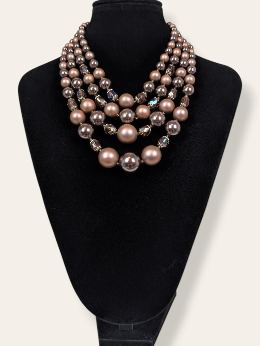 Vintage 4-Strand Brown Faux Pearl & Crystal Statement Necklace - Picture 2 of 5